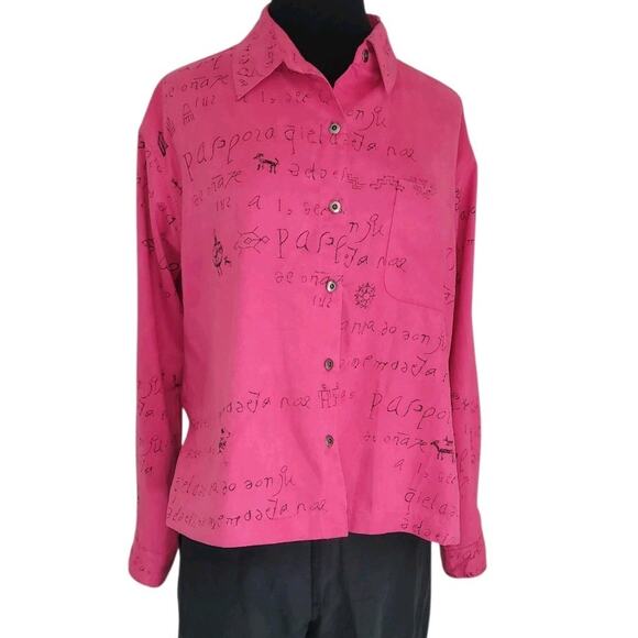 Chico’s Pink Ultrasuede Shacket Jacket Native Print Hieroglyph Sz 2 L EUC - Picture 2 of 7